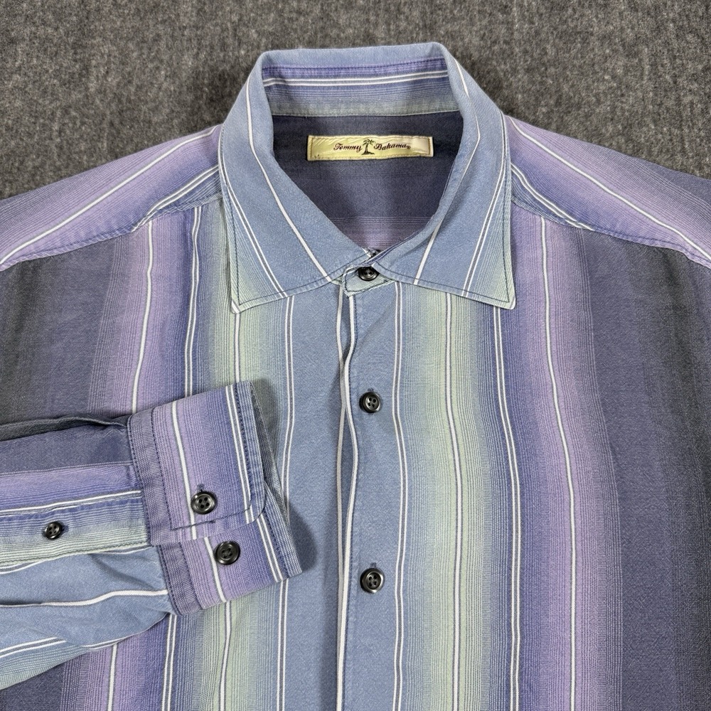 Tommy Bahama Mens M 100% Tencel Shirt Blue Purple Striped Long Sleeve